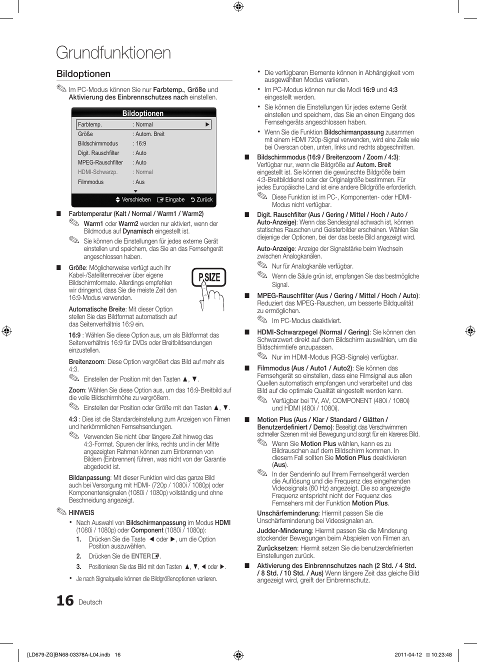 Grundfunktionen, Bildoptionen | Samsung LE46D679M3S User Manual | Page 70 / 217