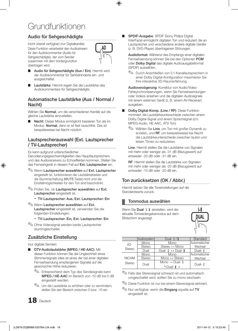 Grundfunktionen | Samsung LE46D679M3S User Manual | Page 72 / 217