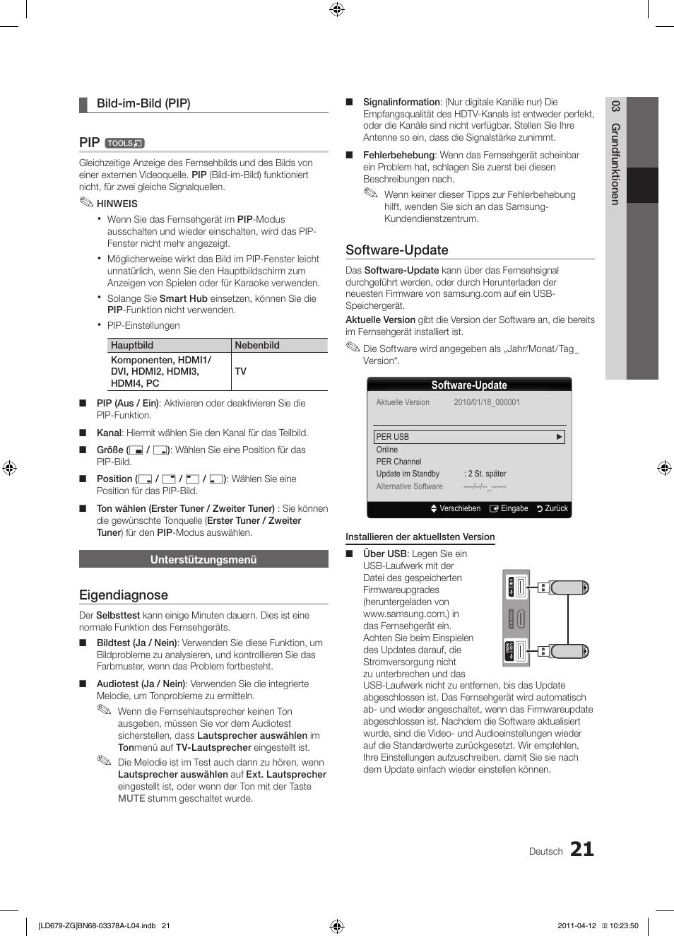 Eigendiagnose, Software-update | Samsung LE46D679M3S User Manual | Page 75 / 217