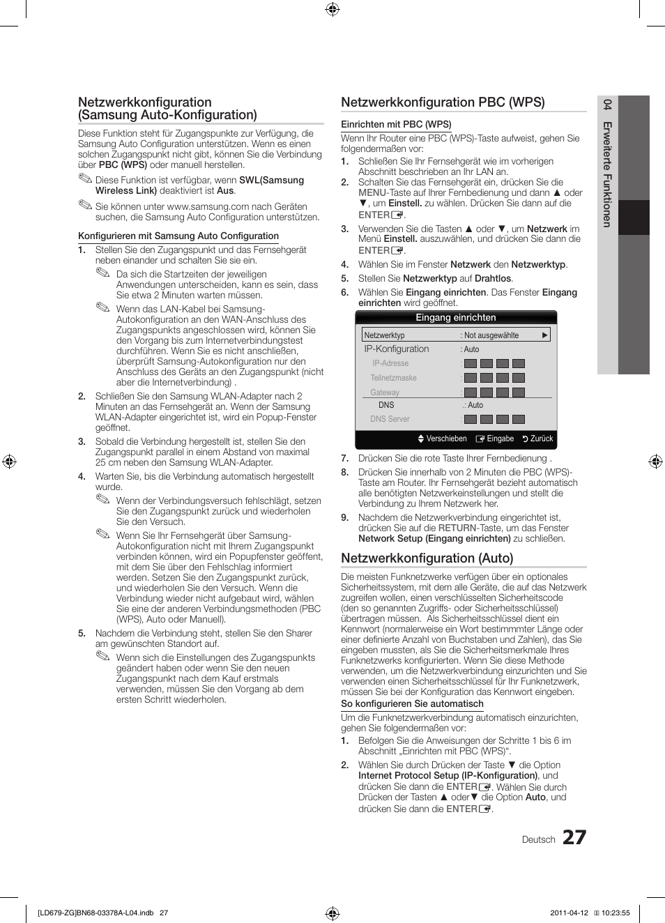 Netzwerkkonfiguration (samsung auto-konfiguration), Netzwerkkonfiguration pbc (wps), Netzwerkkonfiguration (auto) | Samsung LE46D679M3S User Manual | Page 81 / 217
