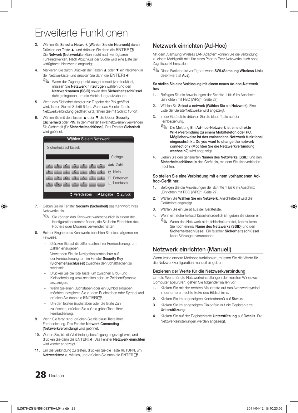 Erweiterte funktionen, Netzwerk einrichten (ad-hoc), Netzwerk einrichten (manuell) | Samsung LE46D679M3S User Manual | Page 82 / 217