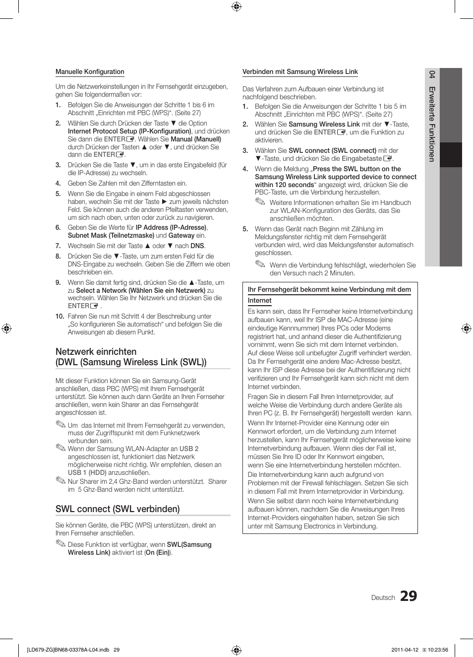 Swl connect (swl verbinden) | Samsung LE46D679M3S User Manual | Page 83 / 217