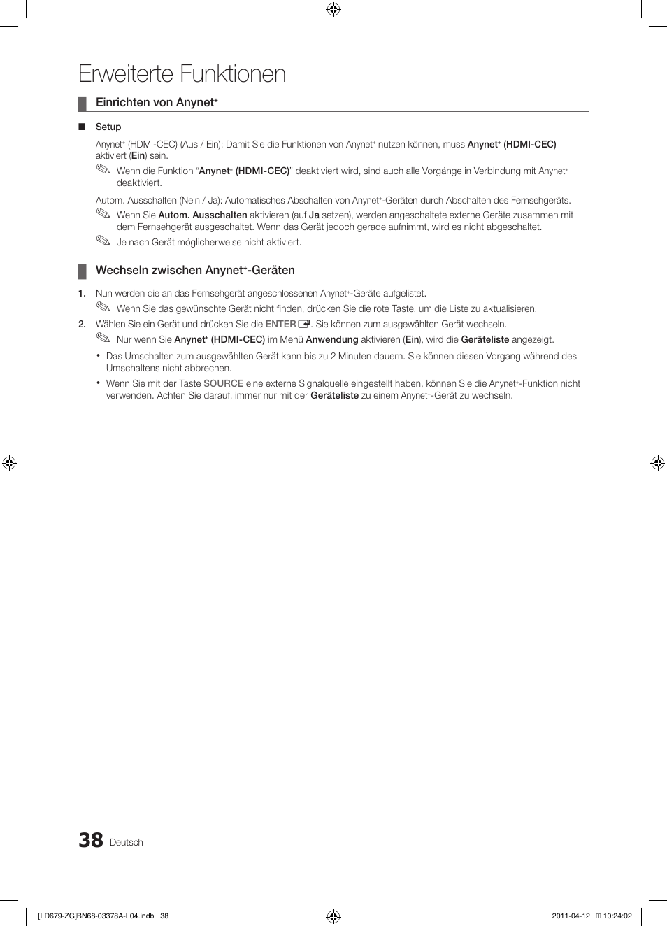 Erweiterte funktionen | Samsung LE46D679M3S User Manual | Page 92 / 217