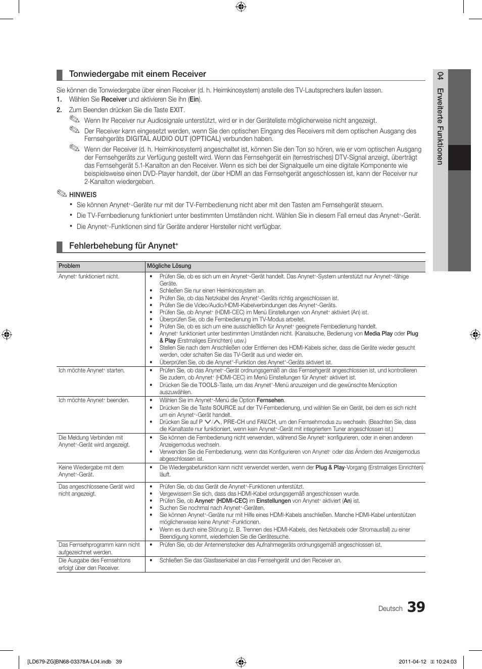 Tonwiedergabe mit einem receiver, Fehlerbehebung für anynet | Samsung LE46D679M3S User Manual | Page 93 / 217