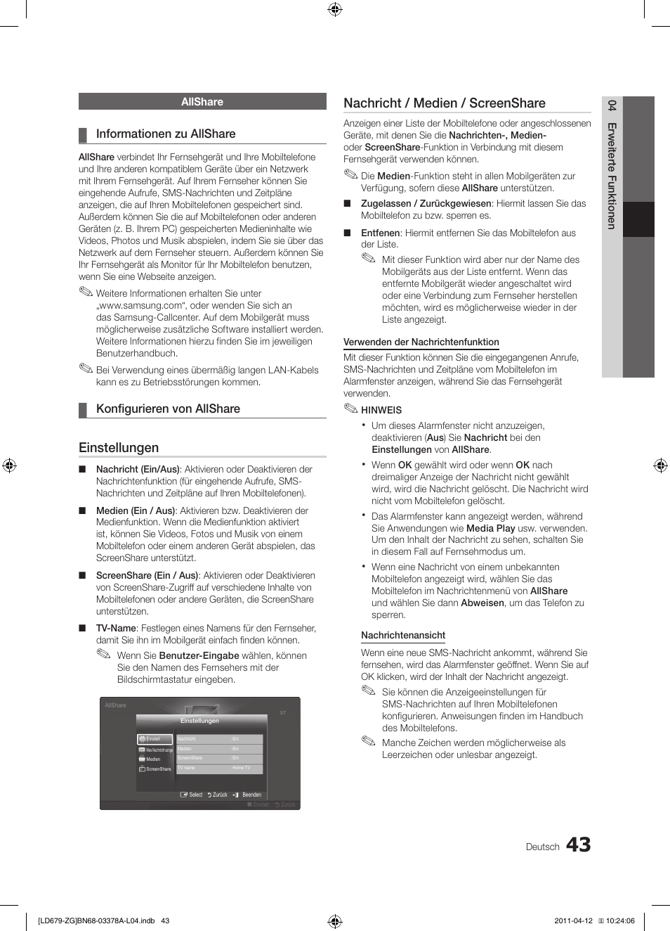 Einstellungen, Nachricht / medien / screenshare | Samsung LE46D679M3S User Manual | Page 97 / 217