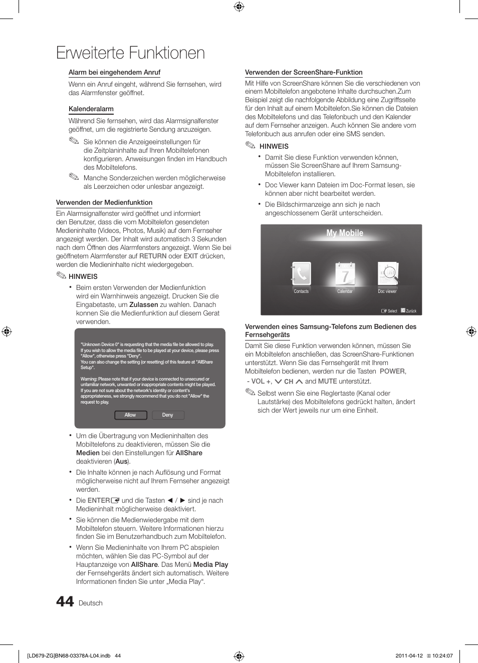 Erweiterte funktionen | Samsung LE46D679M3S User Manual | Page 98 / 217