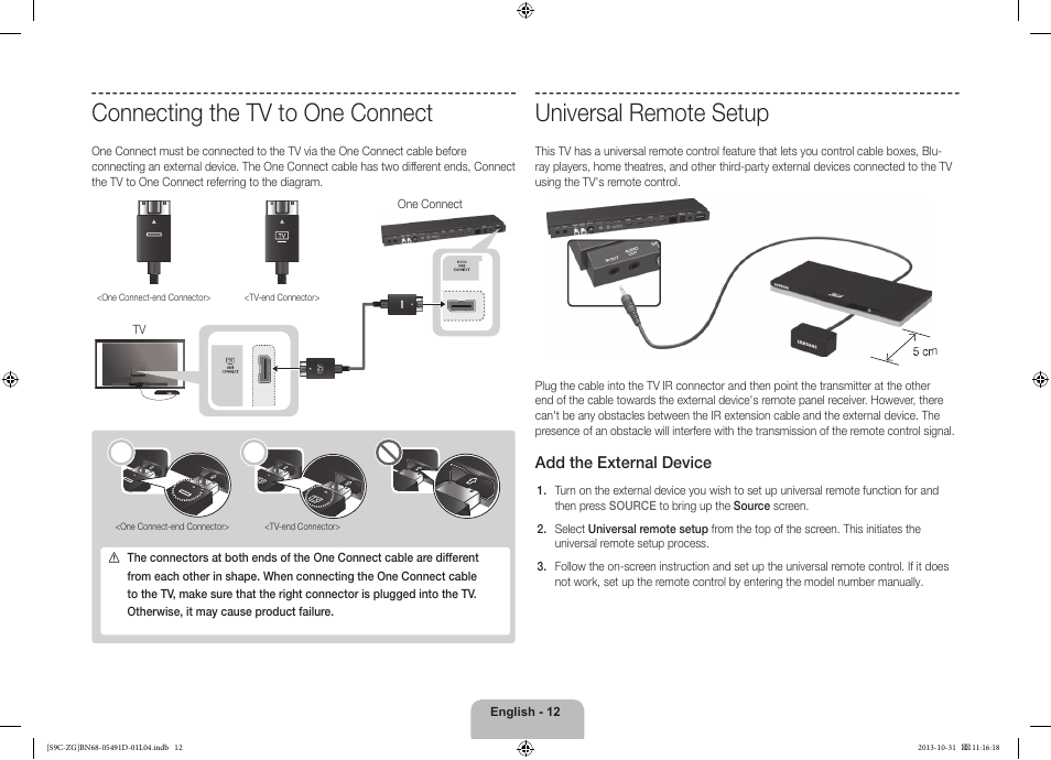 Universal remote setup, Connecting the tv to one connect, Add the external device | Samsung KE55S9CSL User Manual | Page 12 / 97