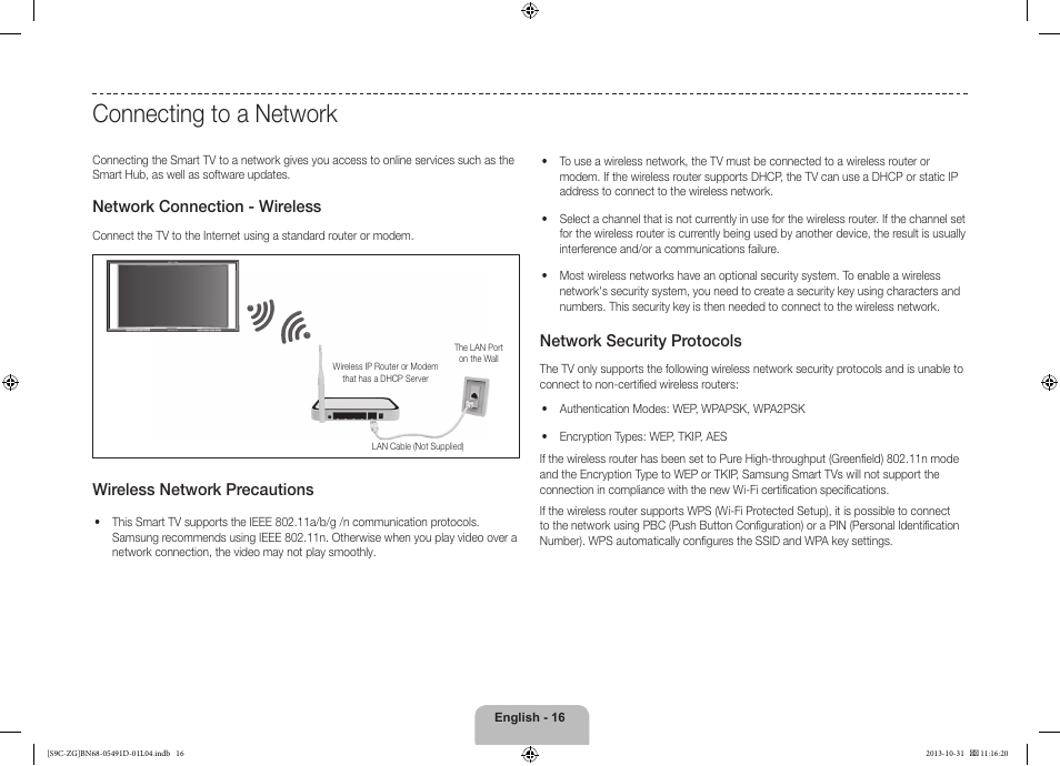 Connecting to a network, Network connection - wireless, Wireless network precautions | Network security protocols | Samsung KE55S9CSL User Manual | Page 16 / 97