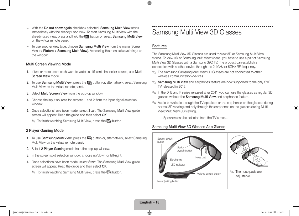 Samsung multi view 3d glasses | Samsung KE55S9CSL User Manual | Page 18 / 97