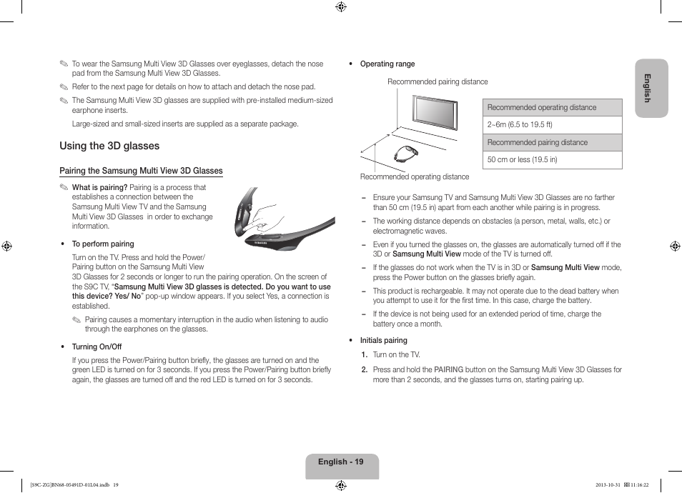 Using the 3d glasses | Samsung KE55S9CSL User Manual | Page 19 / 97
