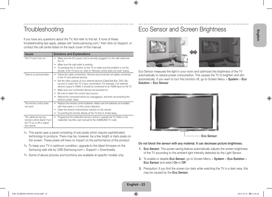 Troubleshooting, Eco sensor and screen brightness | Samsung KE55S9CSL User Manual | Page 23 / 97