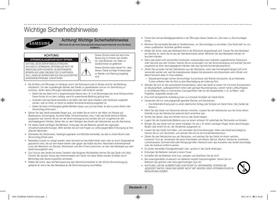 Wichtige sicherheitshinweise, Achtung! wichtige sicherheitshinweise | Samsung KE55S9CSL User Manual | Page 26 / 97
