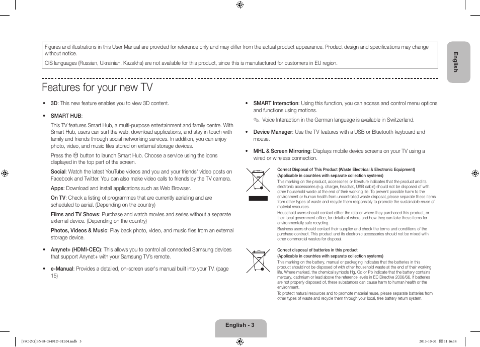 Features for your new tv | Samsung KE55S9CSL User Manual | Page 3 / 97