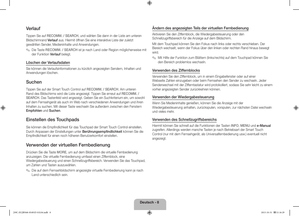 Verlauf, Suchen, Einstellen des touchpads | Verwenden der virtuellen fernbedienung | Samsung KE55S9CSL User Manual | Page 32 / 97