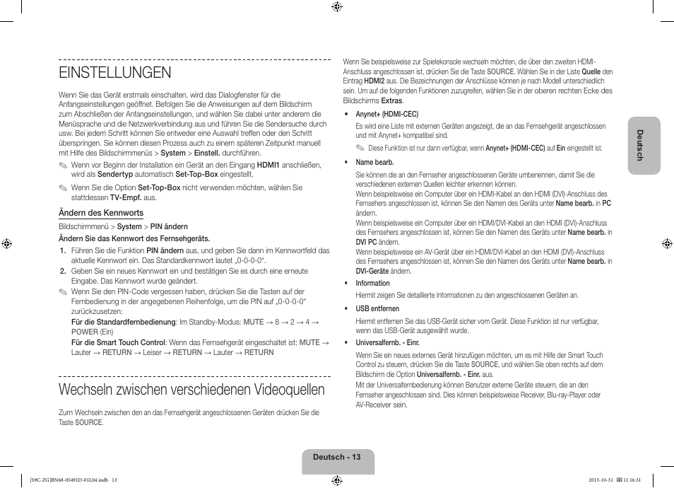 Einstellungen, Wechseln zwischen verschiedenen videoquellen | Samsung KE55S9CSL User Manual | Page 37 / 97