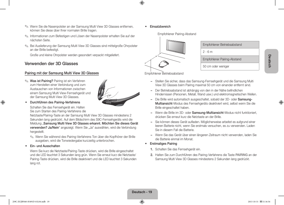 Verwenden der 3d glasses | Samsung KE55S9CSL User Manual | Page 43 / 97
