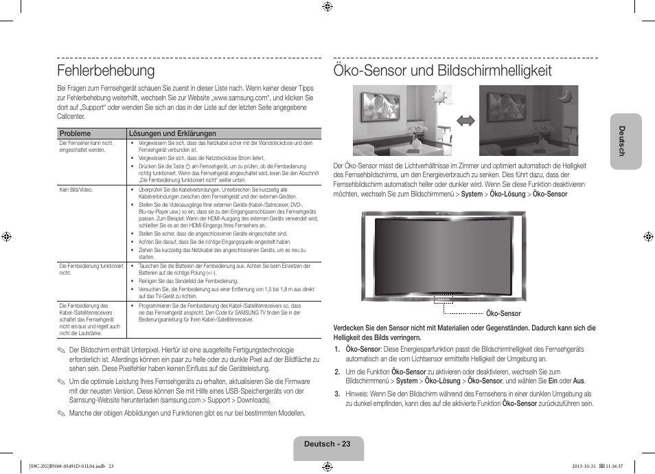 Fehlerbehebung, Öko-sensor und bildschirmhelligkeit | Samsung KE55S9CSL User Manual | Page 47 / 97