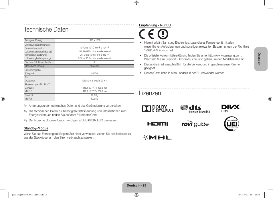 Technische daten, Lizenzen | Samsung KE55S9CSL User Manual | Page 49 / 97