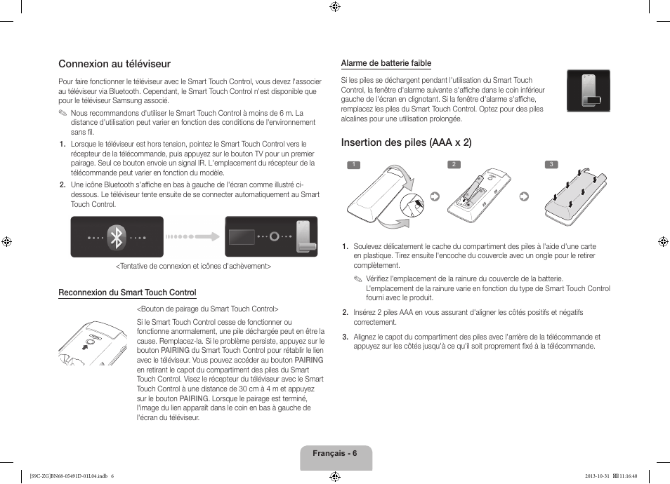 Insertion des piles (aaa x 2), Connexion au téléviseur | Samsung KE55S9CSL User Manual | Page 54 / 97