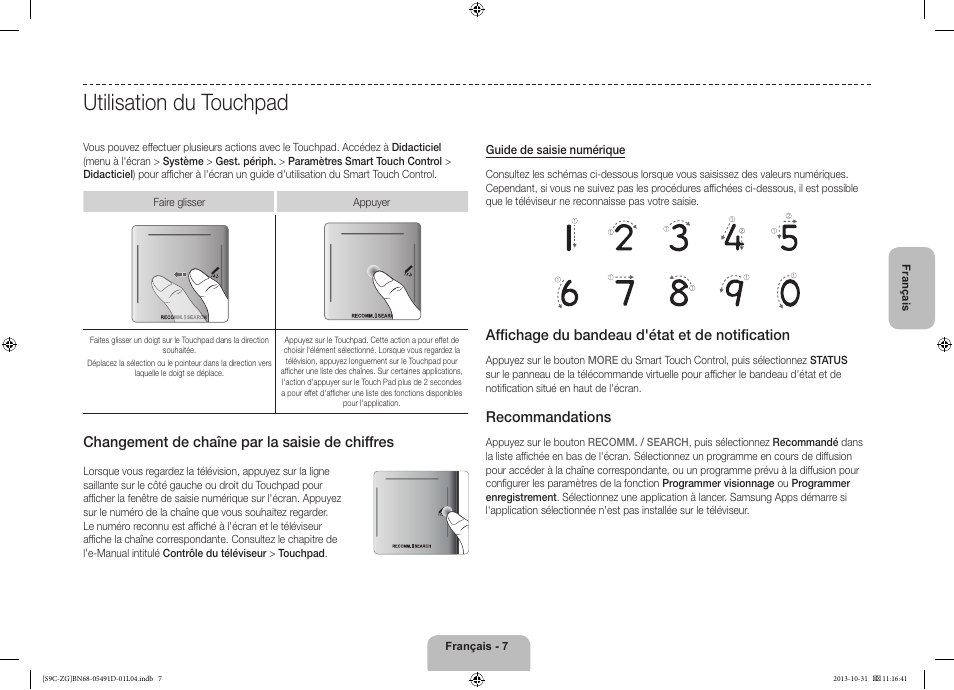 Utilisation du touchpad, Changement de chaîne par la saisie de chiffres, Affichage du bandeau d'état et de notification | Recommandations | Samsung KE55S9CSL User Manual | Page 55 / 97