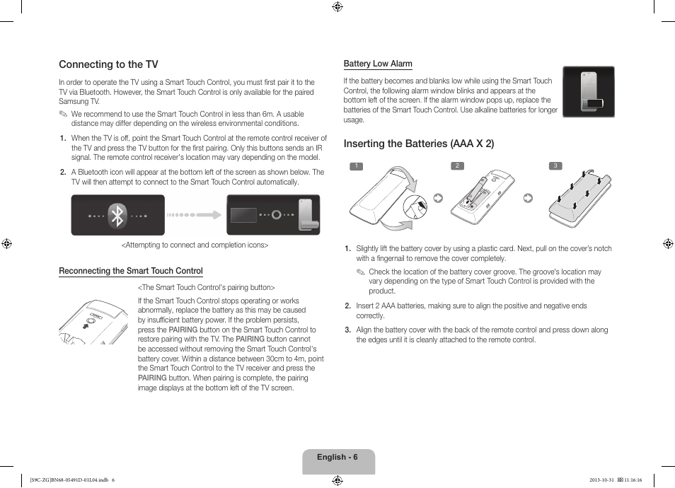 Connecting to the tv, Inserting the batteries (aaa x 2) | Samsung KE55S9CSL User Manual | Page 6 / 97