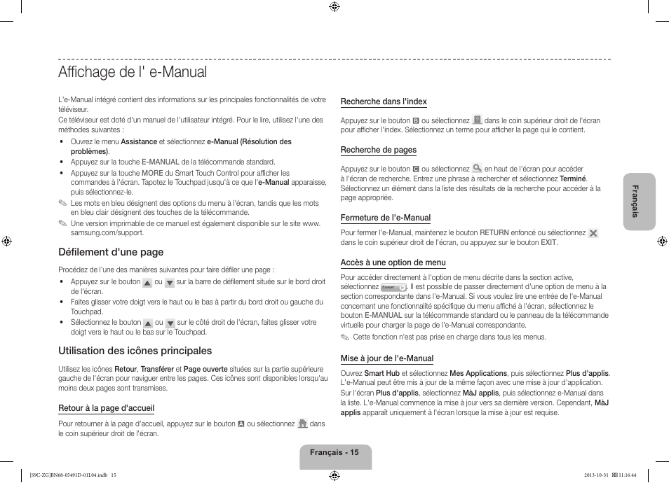 Affichage de l' e-manual, Défilement d'une page, Utilisation des icônes principales | Samsung KE55S9CSL User Manual | Page 63 / 97