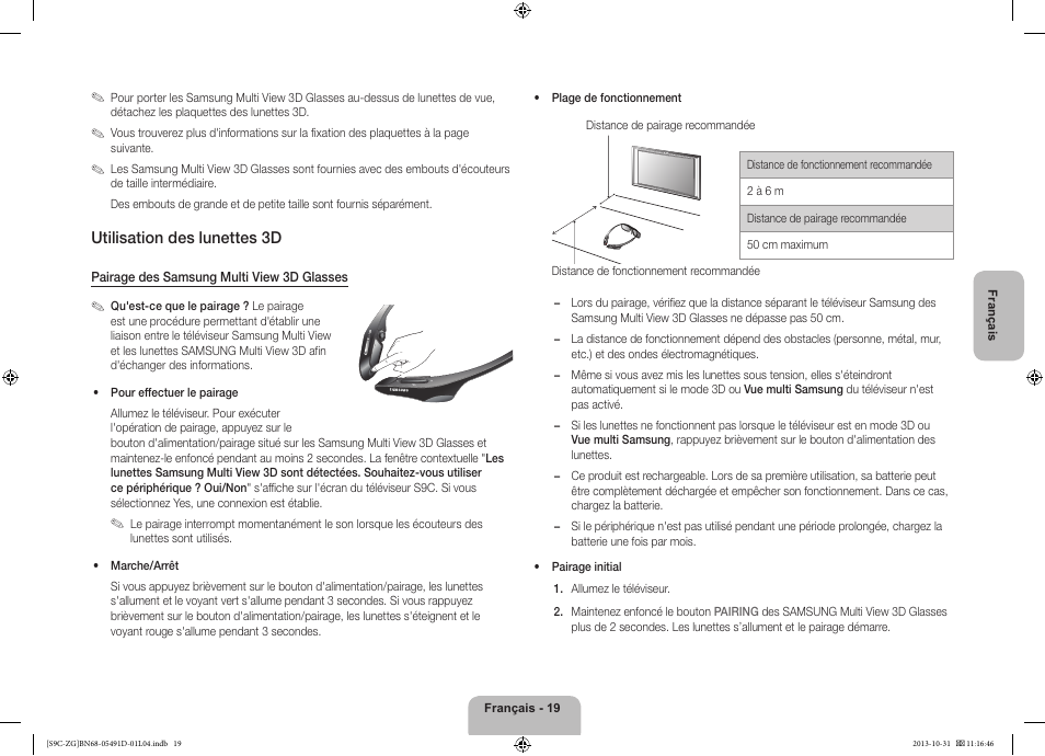 Utilisation des lunettes 3d | Samsung KE55S9CSL User Manual | Page 67 / 97