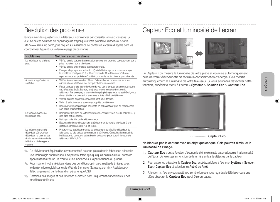 Résolution des problèmes, Capteur eco et luminosité de l'écran | Samsung KE55S9CSL User Manual | Page 71 / 97