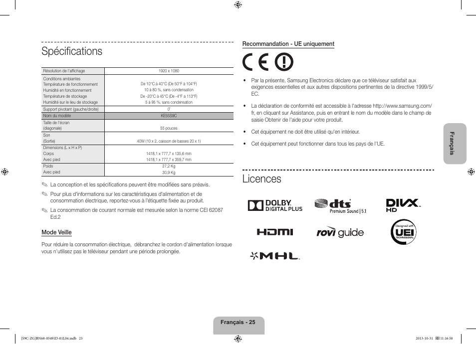 Spécifications, Licences | Samsung KE55S9CSL User Manual | Page 73 / 97