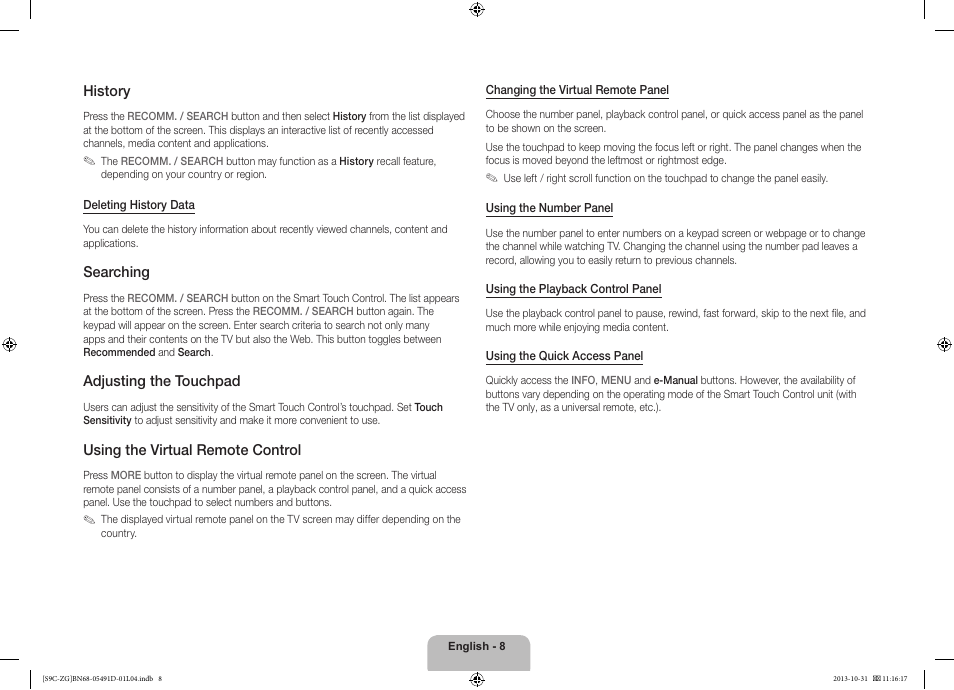 History, Searching, Adjusting the touchpad | Using the virtual remote control | Samsung KE55S9CSL User Manual | Page 8 / 97