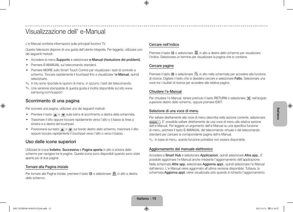 Visualizzazione dell' e-manual, Scorrimento di una pagina, Uso delle icone superiori | Samsung KE55S9CSL User Manual | Page 87 / 97