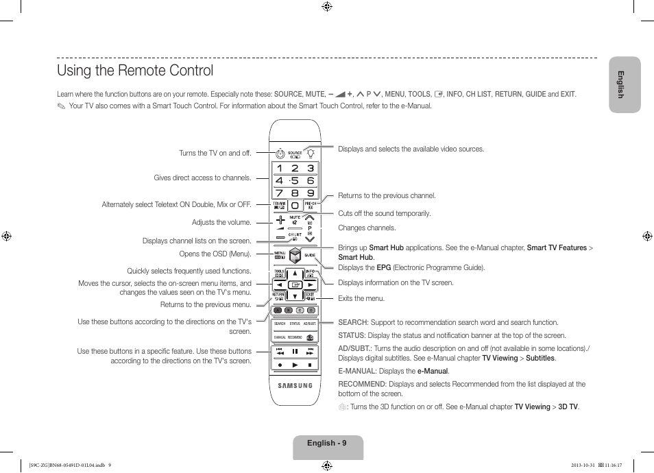 Using the remote control | Samsung KE55S9CSL User Manual | Page 9 / 97