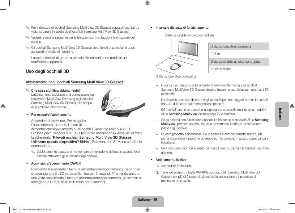 Uso degli occhiali 3d | Samsung KE55S9CSL User Manual | Page 91 / 97