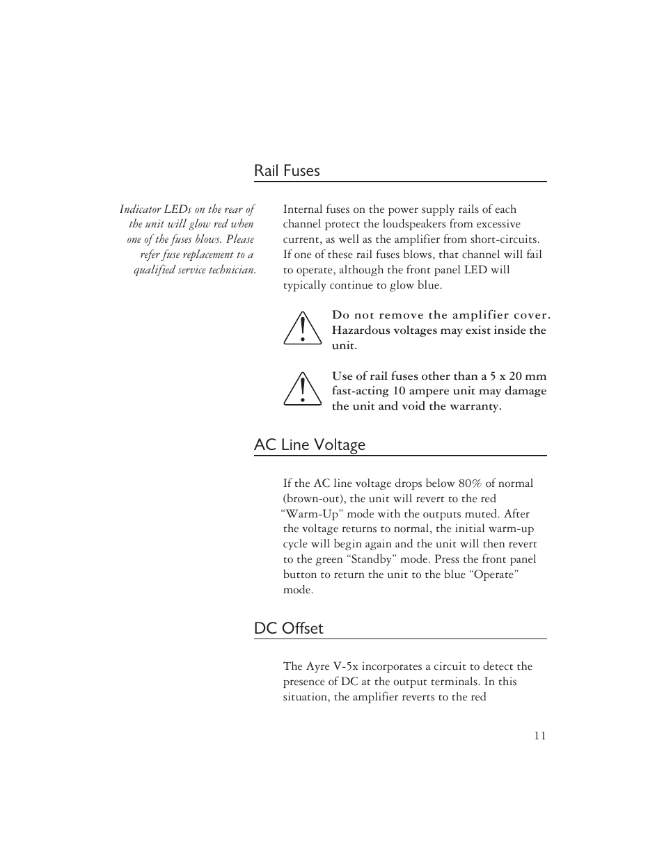 Rail fuses, Ac line voltage, Dc offset | Ayre Acoustics V-5x User Manual | Page 13 / 20