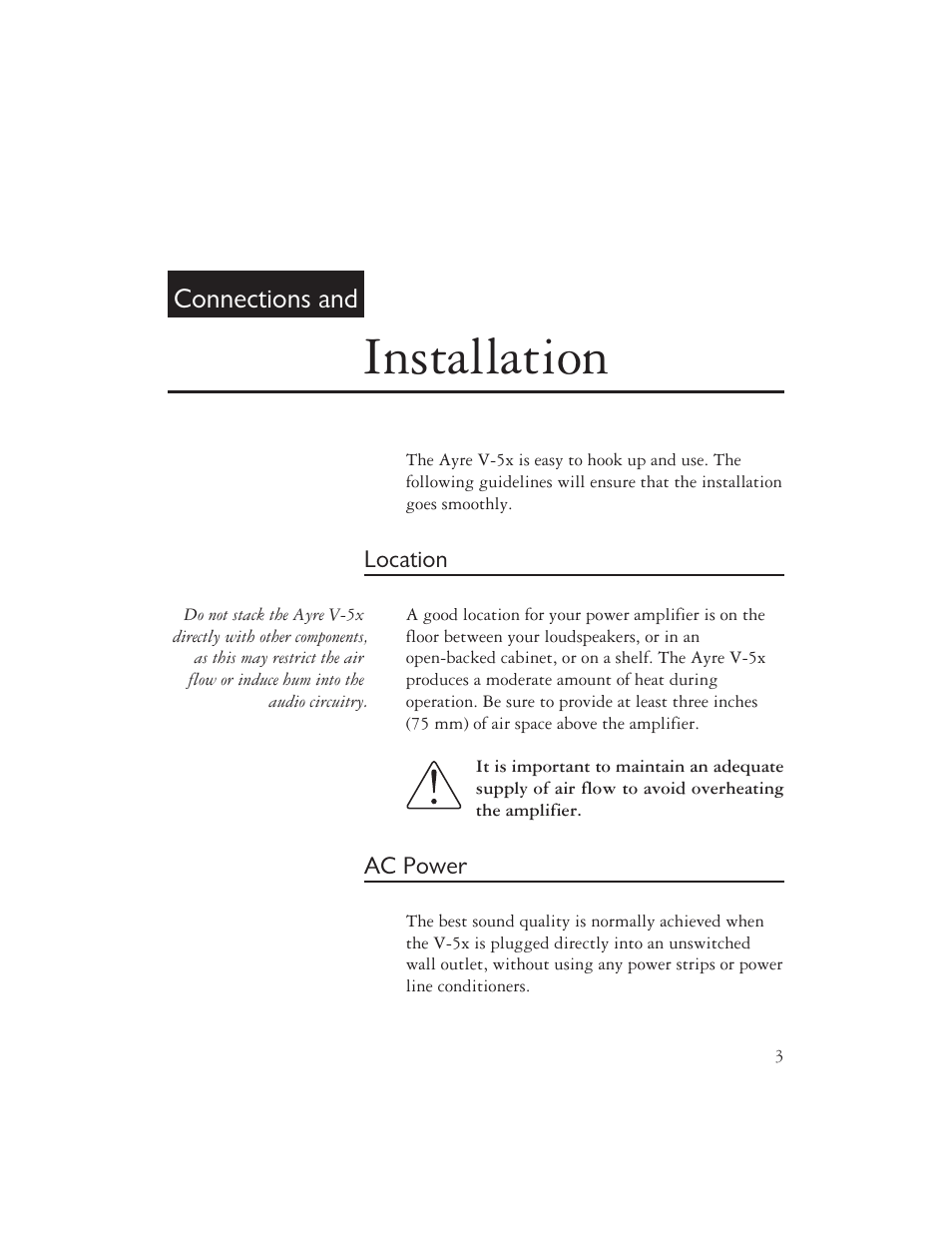 Installation, Connections and | Ayre Acoustics V-5x User Manual | Page 5 / 20
