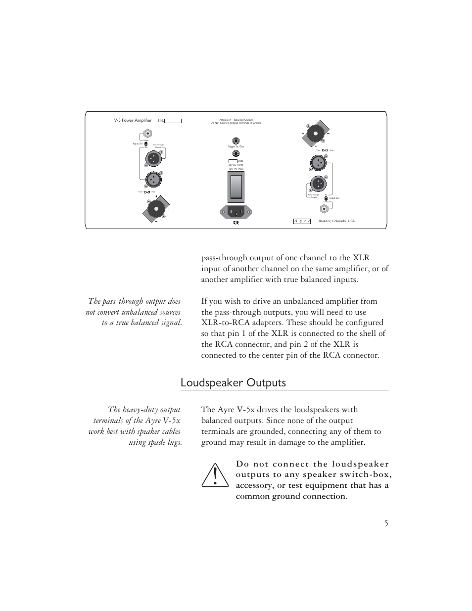 Loudspeaker outputs | Ayre Acoustics V-5x User Manual | Page 7 / 20