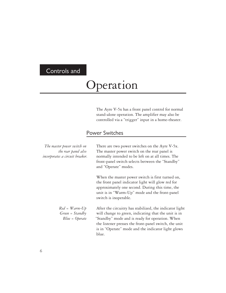Operation, Controls and | Ayre Acoustics V-5x User Manual | Page 8 / 20