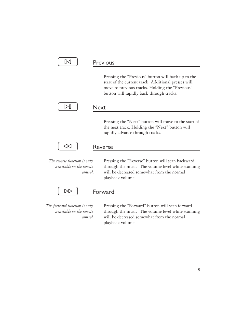 Previous, Next, Reverse | Forward | Ayre Acoustics CX-7 User Manual | Page 10 / 20