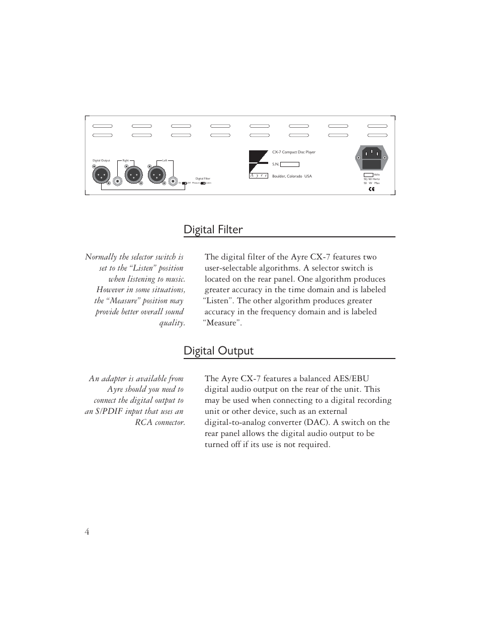 Digital filter, Digital output | Ayre Acoustics CX-7 User Manual | Page 6 / 20