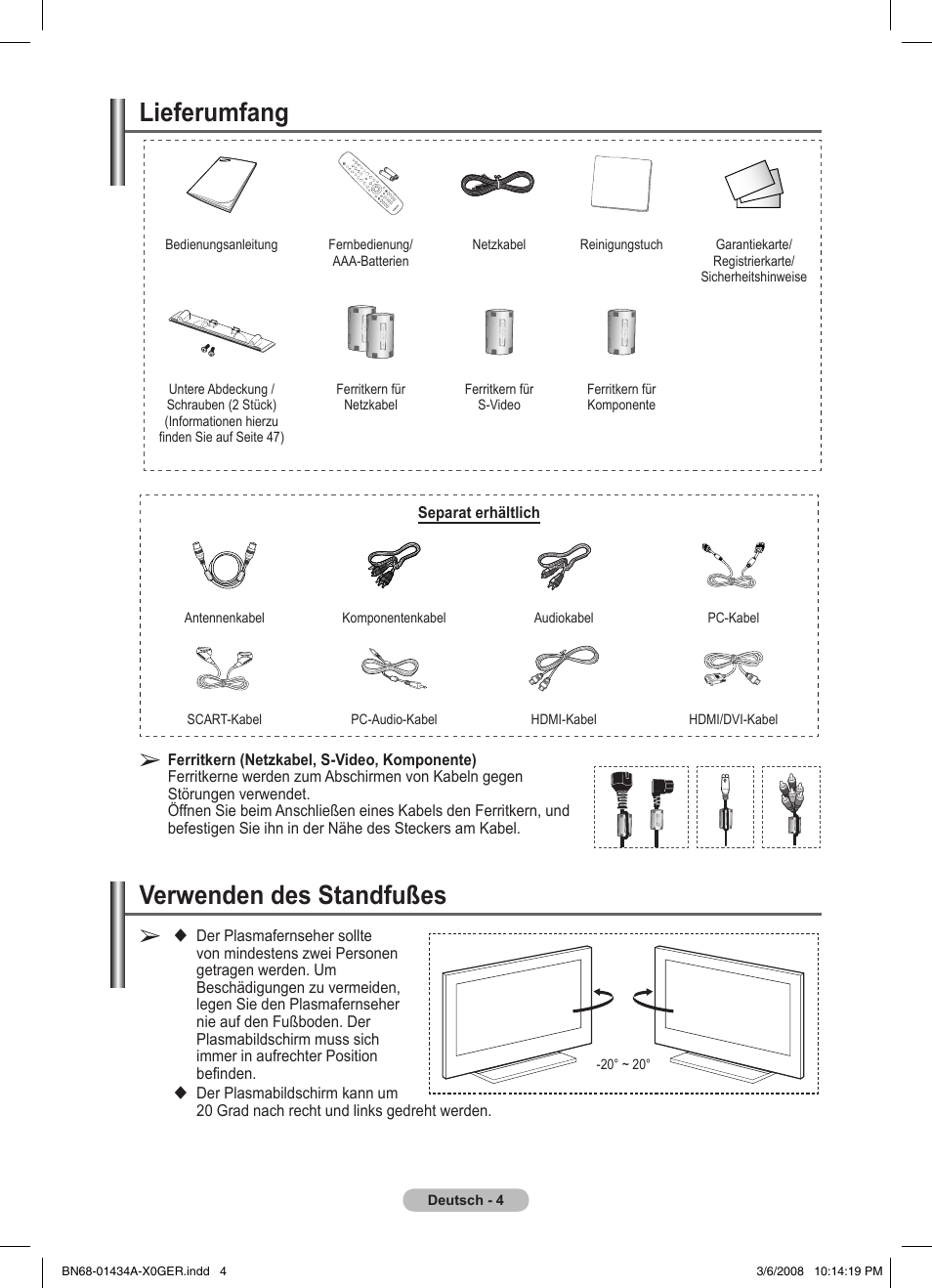 Lieferumfang, Verwenden des standfußes | Samsung PS50A551S3R User Manual | Page 104 / 601