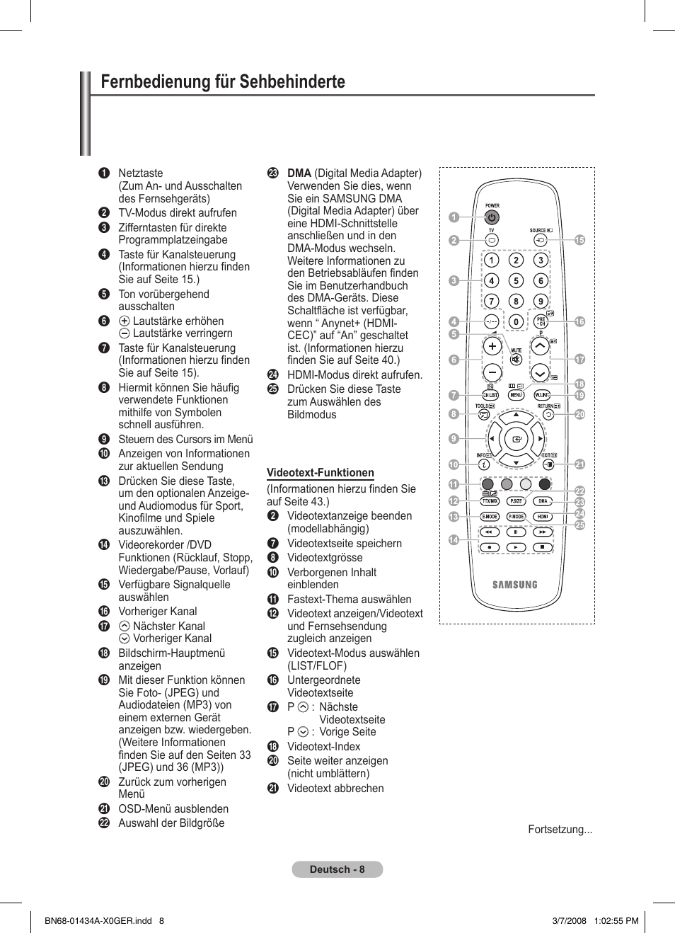 Fernbedienung für sehbehinderte | Samsung PS50A551S3R User Manual | Page 108 / 601