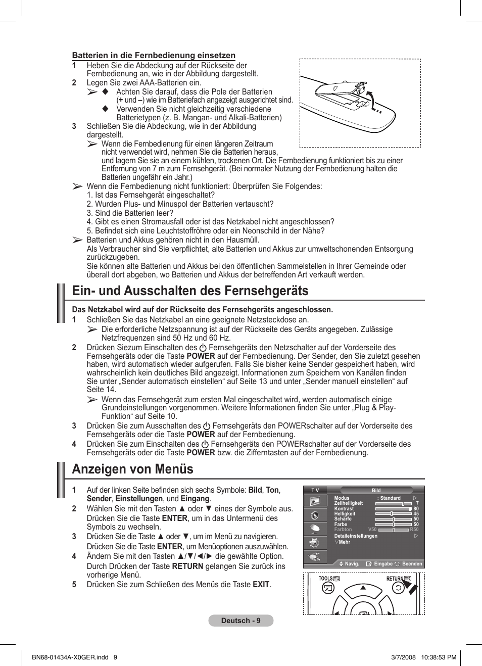 Ein- und ausschalten des fernsehgeräts, Anzeigen von menüs | Samsung PS50A551S3R User Manual | Page 110 / 601