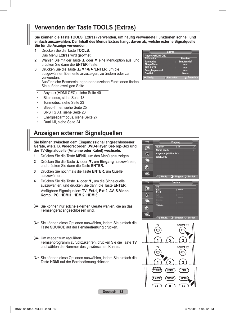 Anzeigen externer signalquellen, Verwenden der taste tools (extras) | Samsung PS50A551S3R User Manual | Page 113 / 601