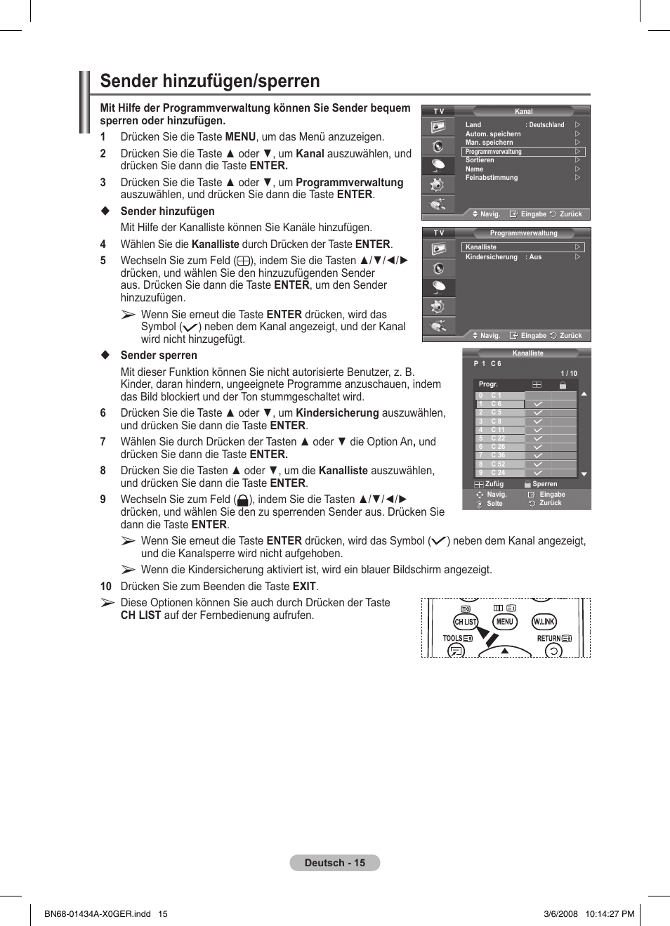 Sender hinzufügen/sperren | Samsung PS50A551S3R User Manual | Page 116 / 601