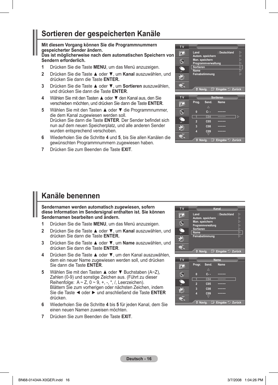 Sortieren der gespeicherten kanäle, Kanäle benennen | Samsung PS50A551S3R User Manual | Page 117 / 601