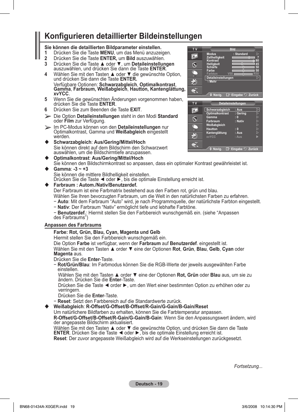 Konfigurieren detaillierter bildeinstellungen | Samsung PS50A551S3R User Manual | Page 120 / 601