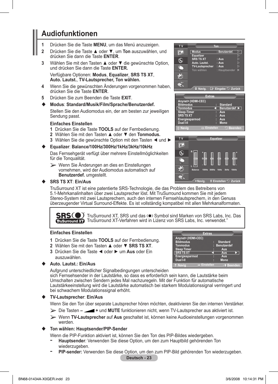 Audiofunktionen | Samsung PS50A551S3R User Manual | Page 124 / 601