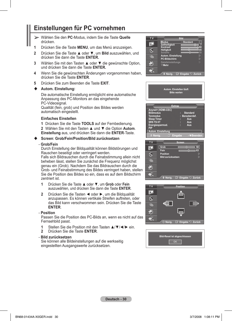 Einstellungen für pc vornehmen | Samsung PS50A551S3R User Manual | Page 131 / 601