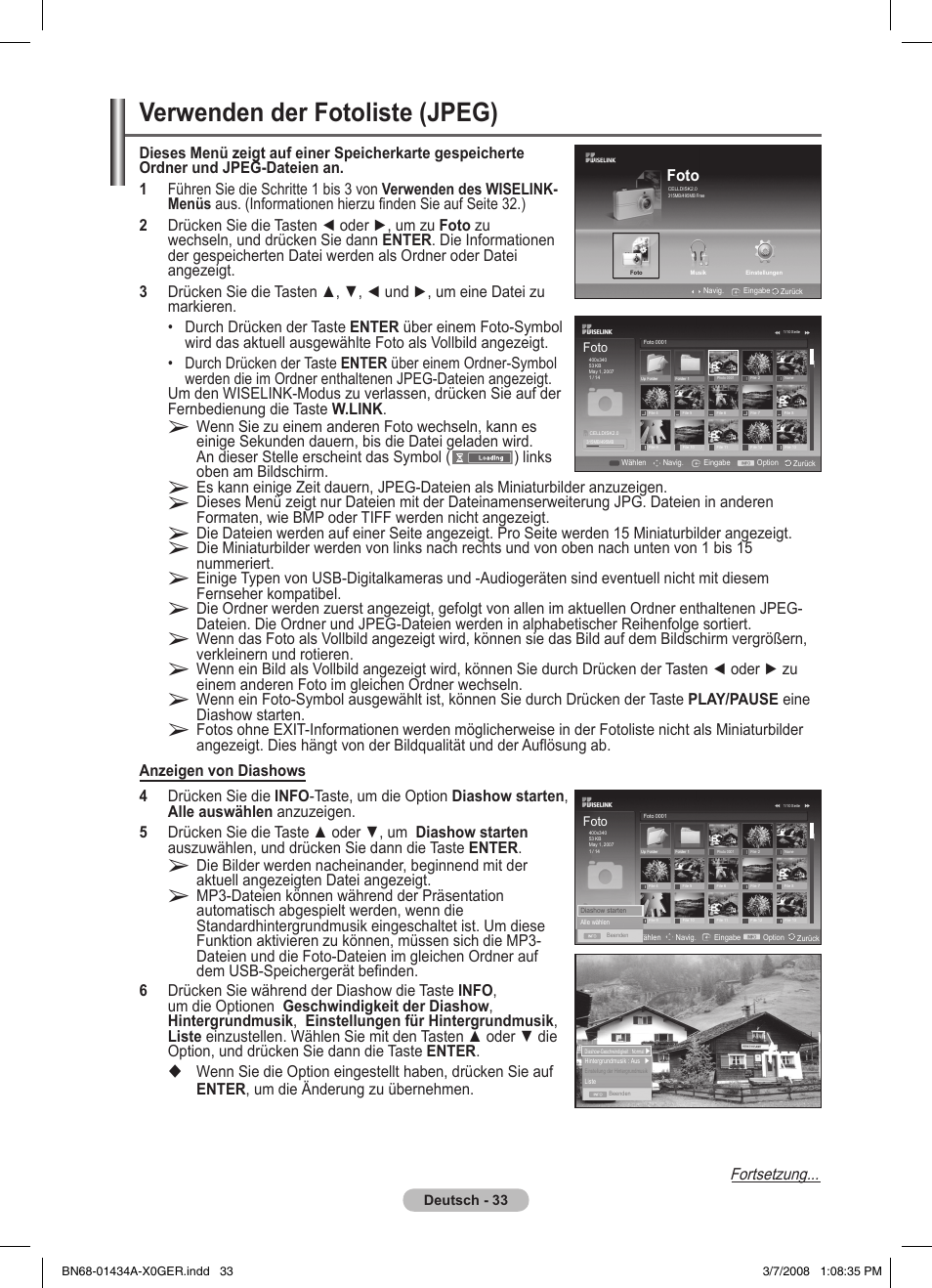 Verwenden der fotoliste (jpeg), Fortsetzung, Foto | Samsung PS50A551S3R User Manual | Page 134 / 601