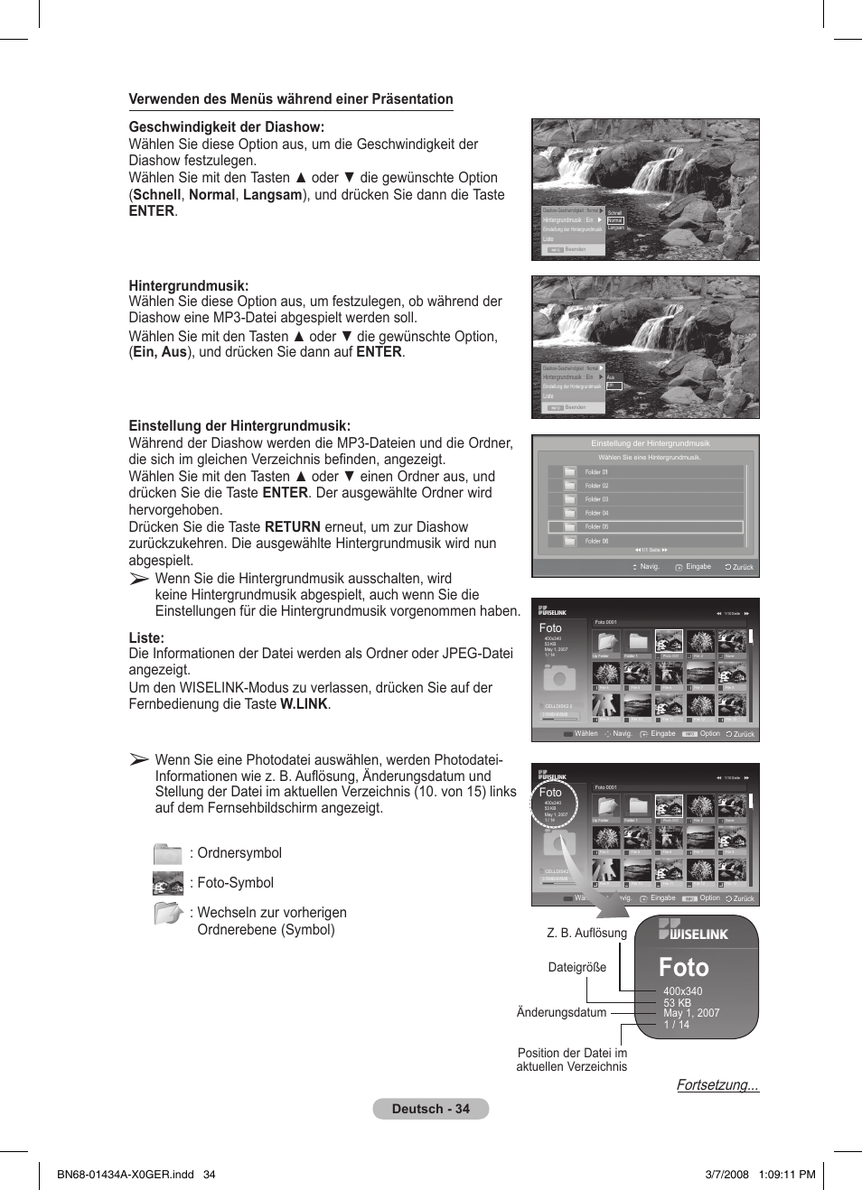 Foto, Fortsetzung, Deutsch - 34 | Samsung PS50A551S3R User Manual | Page 135 / 601